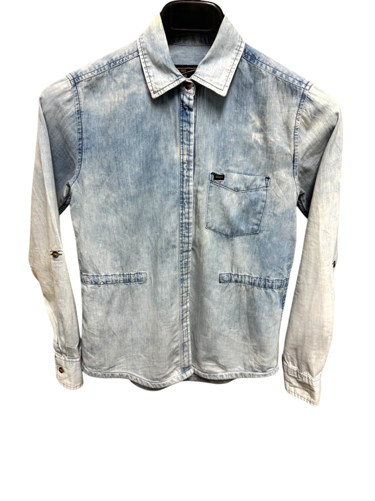 OBEY Light Wash Chambray Long Sleeve Roll-Tab Button-Down Shirt Sz XS $88 - Image 1