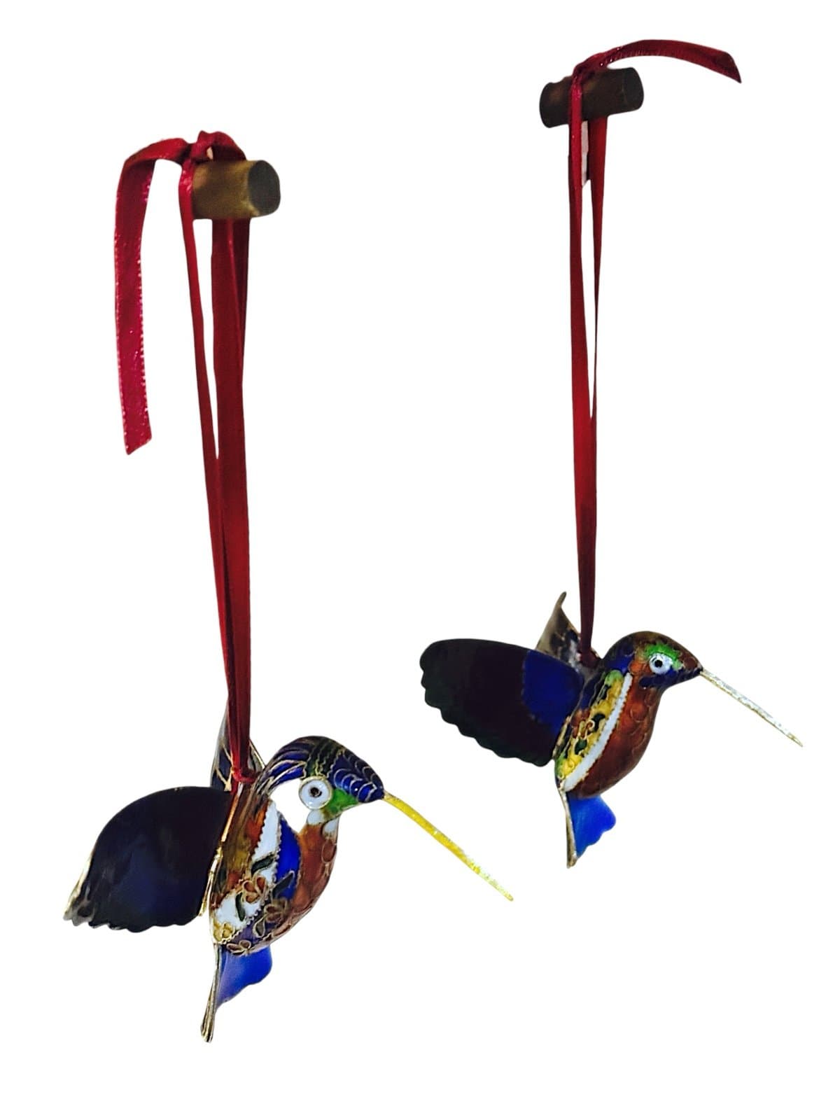 Cloisonné 1980’s 2 Enameled Hummingbirds w/Floral & Butterfly Details Ornaments