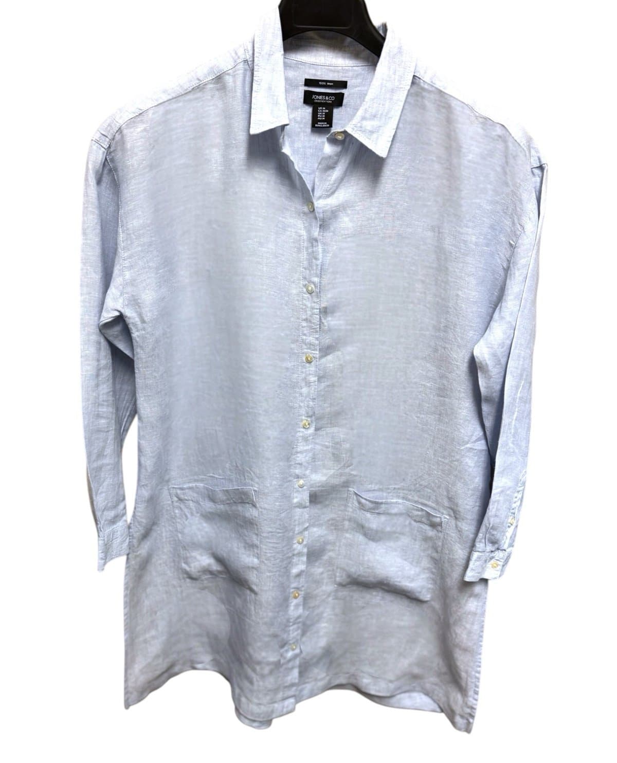 J&CO Jones New York Blue Linen Oversized Tunic w/Split Sides Shell Buttons Sz M - Image 1