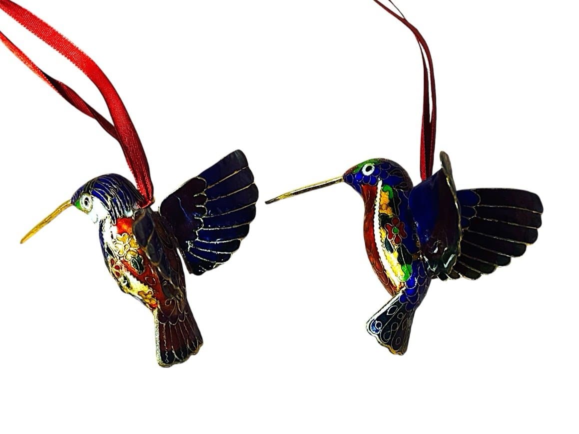 Cloisonné 1980’s 2 Enameled Hummingbirds w/Floral & Butterfly Details Ornaments - Thumbnail 2