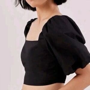 Melrose and Market Black Smocked Puff Sleeve Cropped Blouse Sz S - Thumbnail 2