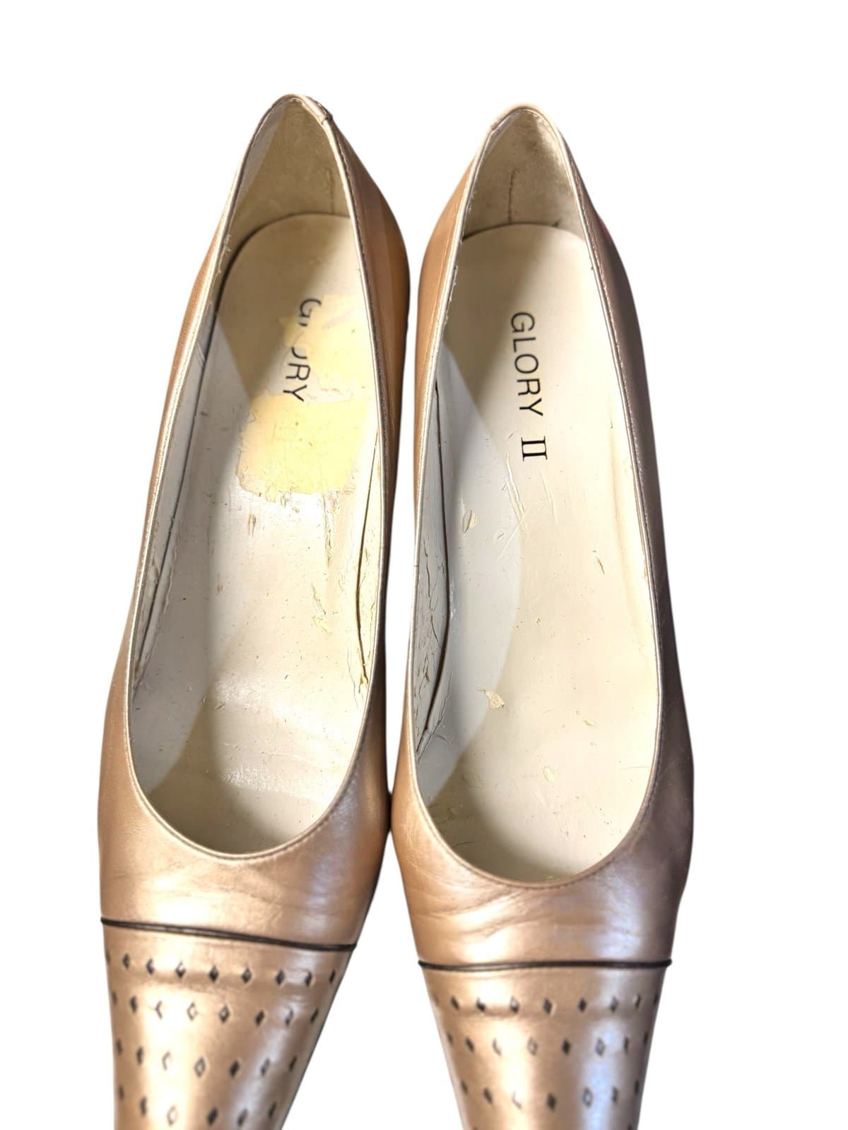 GLORY II 90’s Champagne Perforated Leather Square Toe Cuban Heels Pumps Sz 10N - Thumbnail 6