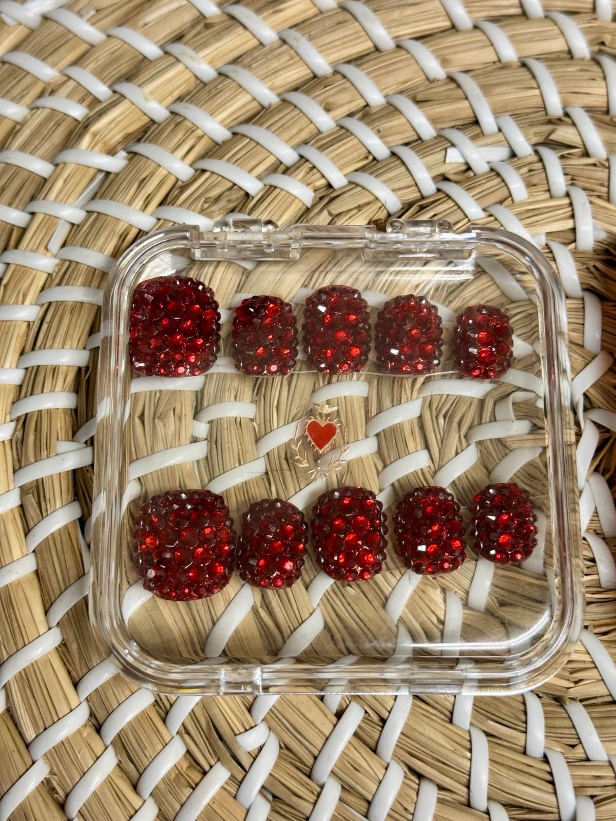 CUSTOM 2 Sets 3-D Red Champagne Stones & Floral Pearl Jewels Coffin Faux Nails - Thumbnail 2