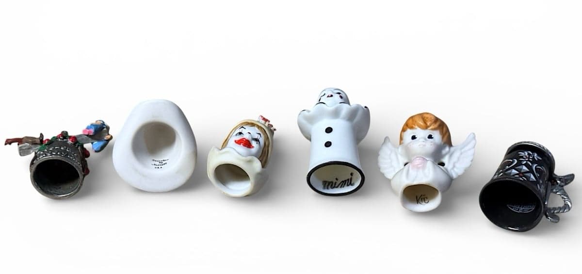 6 Pc 1980s Bisque Porcelain & Pewter Whimsy Thimbles Enesco Nuttall Warwick Mimi - Thumbnail 3
