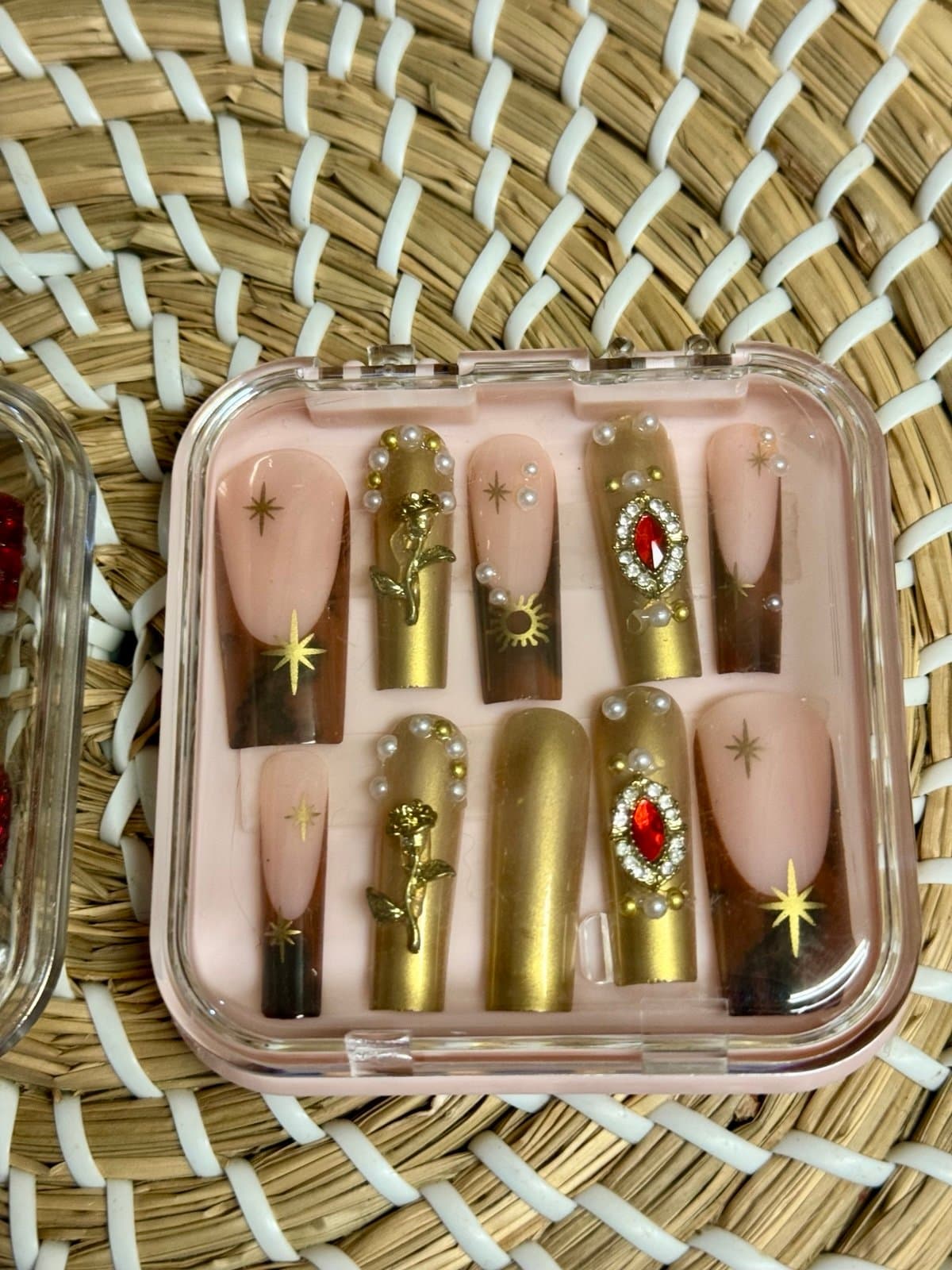 CUSTOM 2 Sets 3-D Red Champagne Stones & Floral Pearl Jewels Coffin Faux Nails - Thumbnail 3