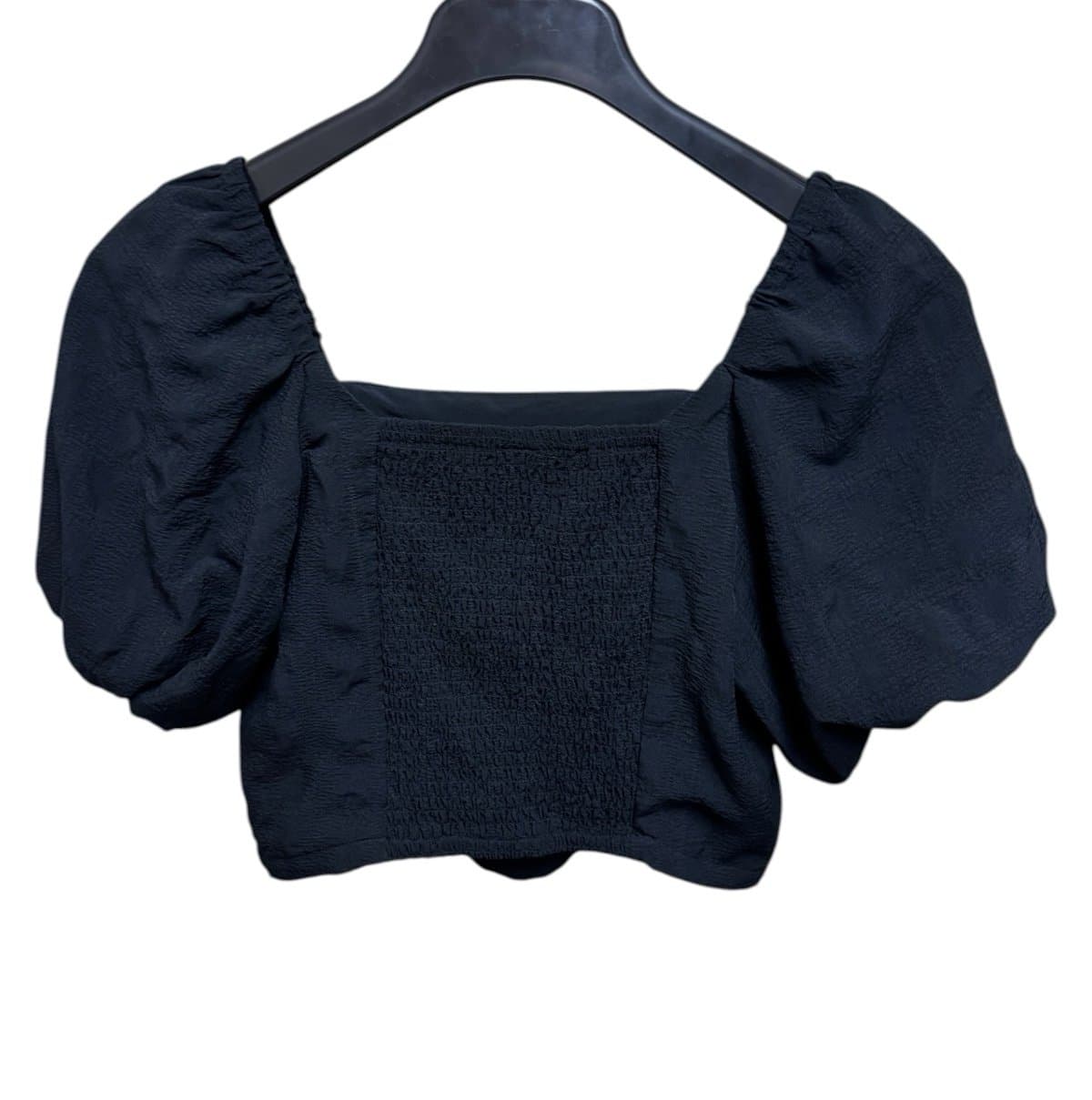 Melrose and Market Black Smocked Puff Sleeve Cropped Blouse Sz S - Thumbnail 3