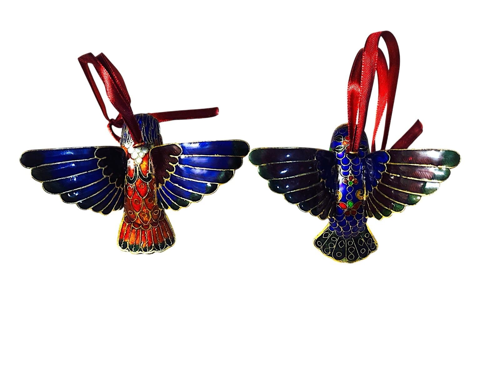 Cloisonné 1980’s 2 Enameled Hummingbirds w/Floral & Butterfly Details Ornaments - Thumbnail 3
