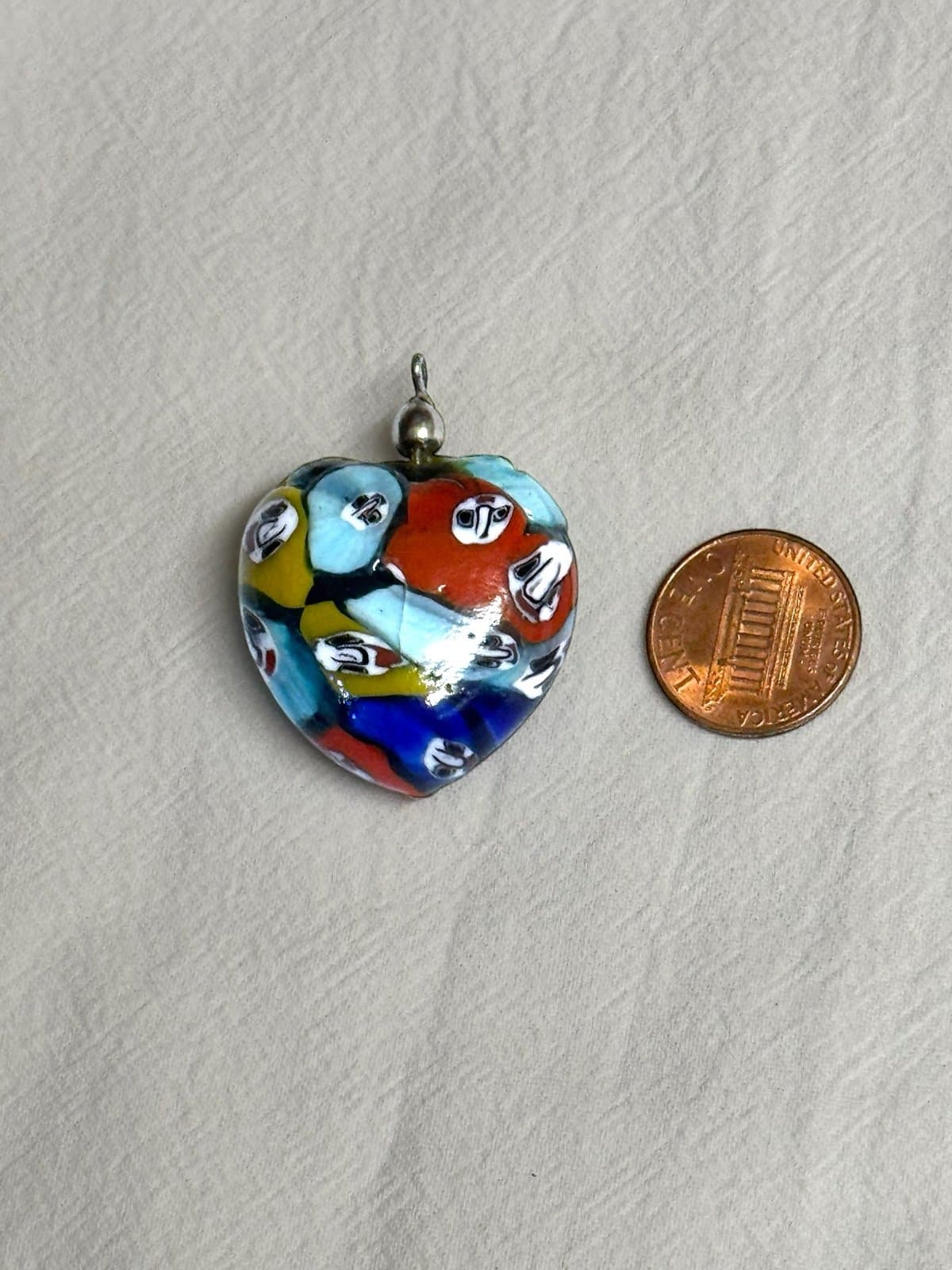 Murano Vintage Multicolored Millefiori Murrine Large Puffy Heart Glass Pendant - Thumbnail 2