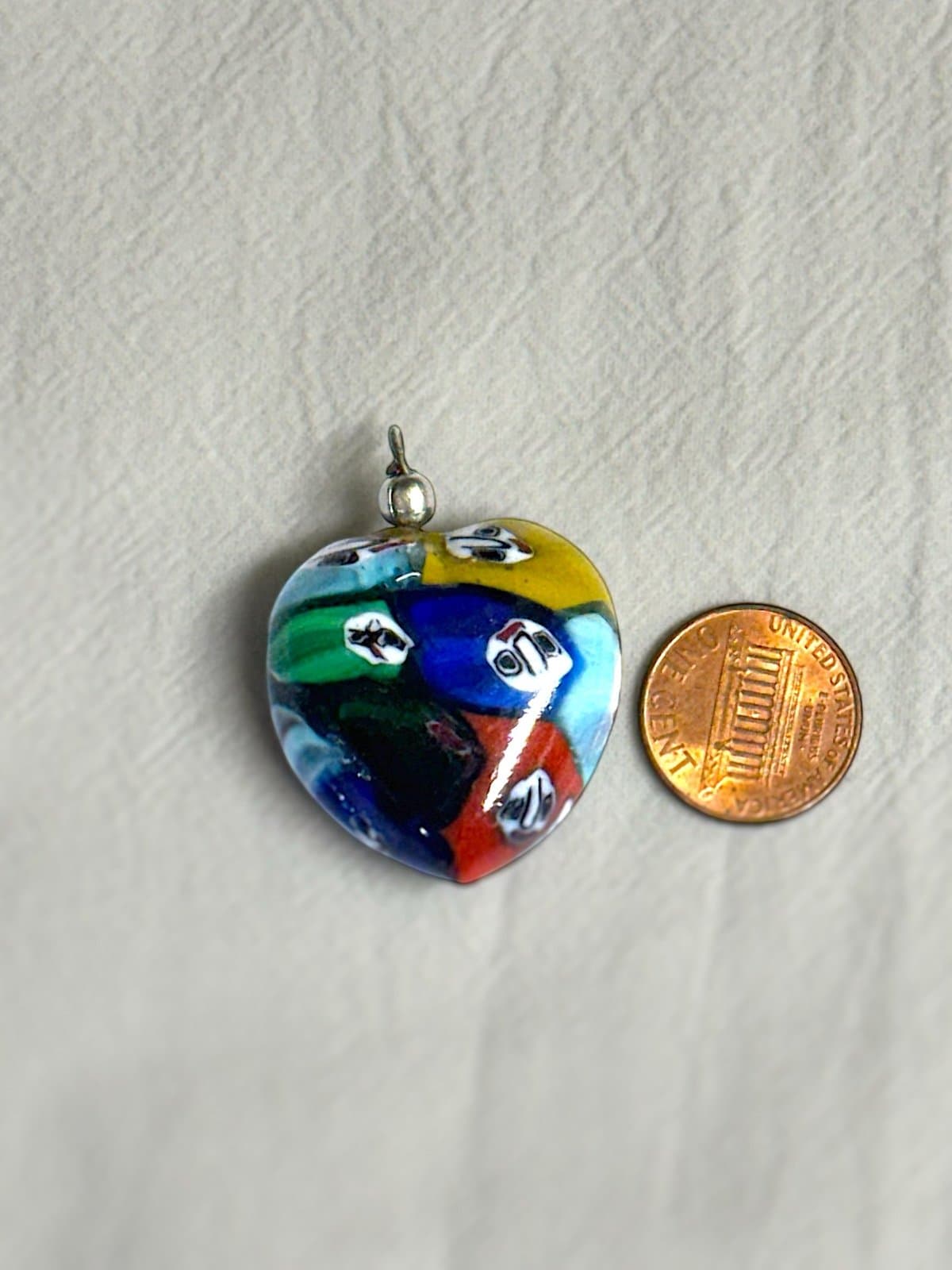Murano Vintage Multicolored Millefiori Murrine Large Puffy Heart Glass Pendant - Thumbnail 3