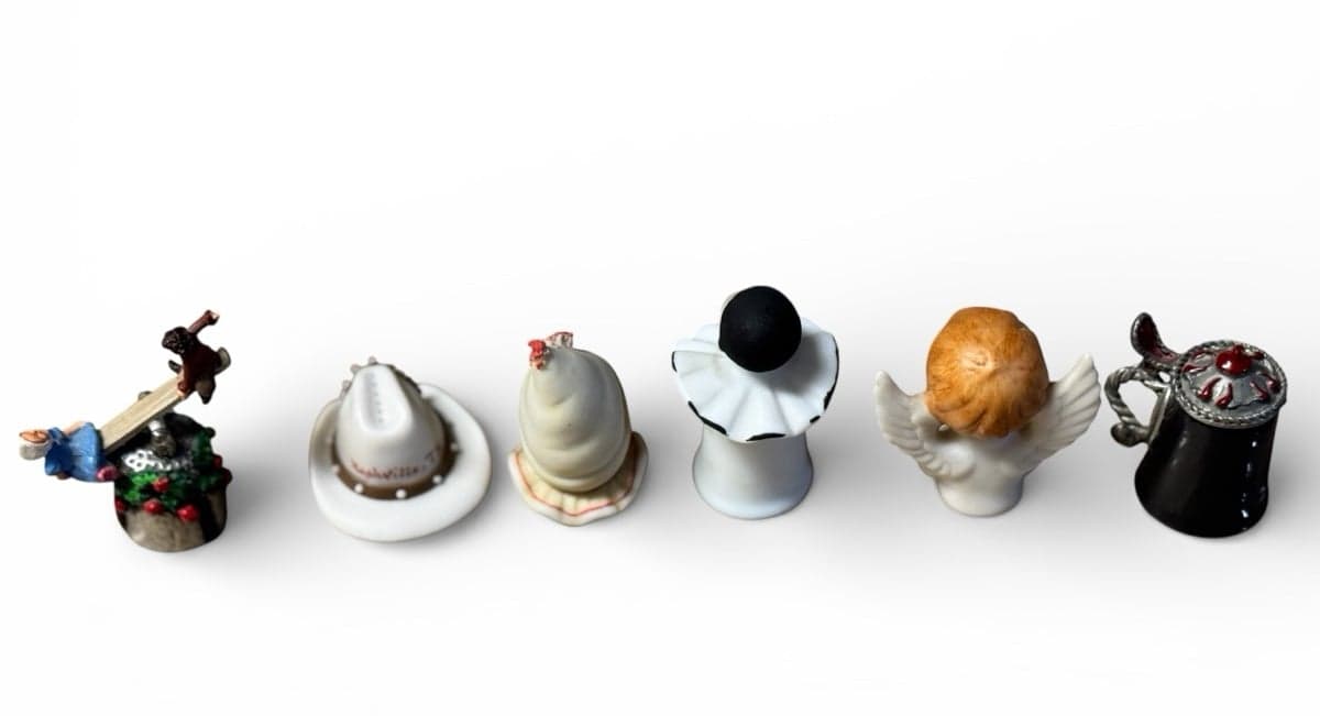 6 Pc 1980s Bisque Porcelain & Pewter Whimsy Thimbles Enesco Nuttall Warwick Mimi - Thumbnail 2