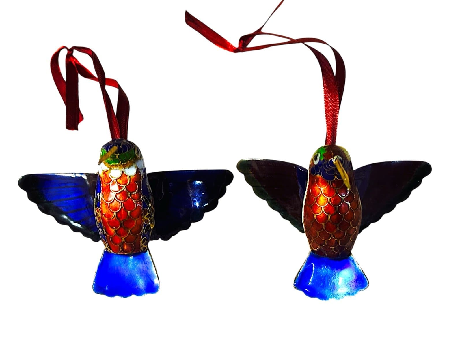Cloisonné 1980’s 2 Enameled Hummingbirds w/Floral & Butterfly Details Ornaments - Thumbnail 4