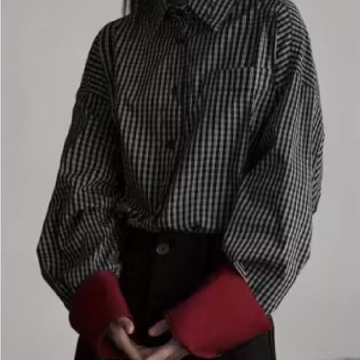 Nova Solaire Oversized Black Plaid w/Red Accent Cuffs Button-Down Shirt Sz L NEW - Image 1