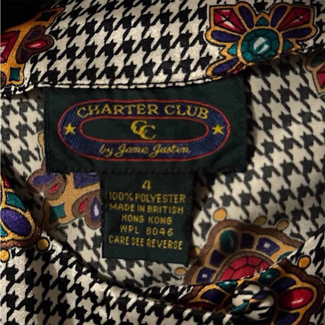 CHARTER CLUB Late 80’s Jane Justin Houndstooth Blouse w/Jewel Medallions Sz 4 - Image 1