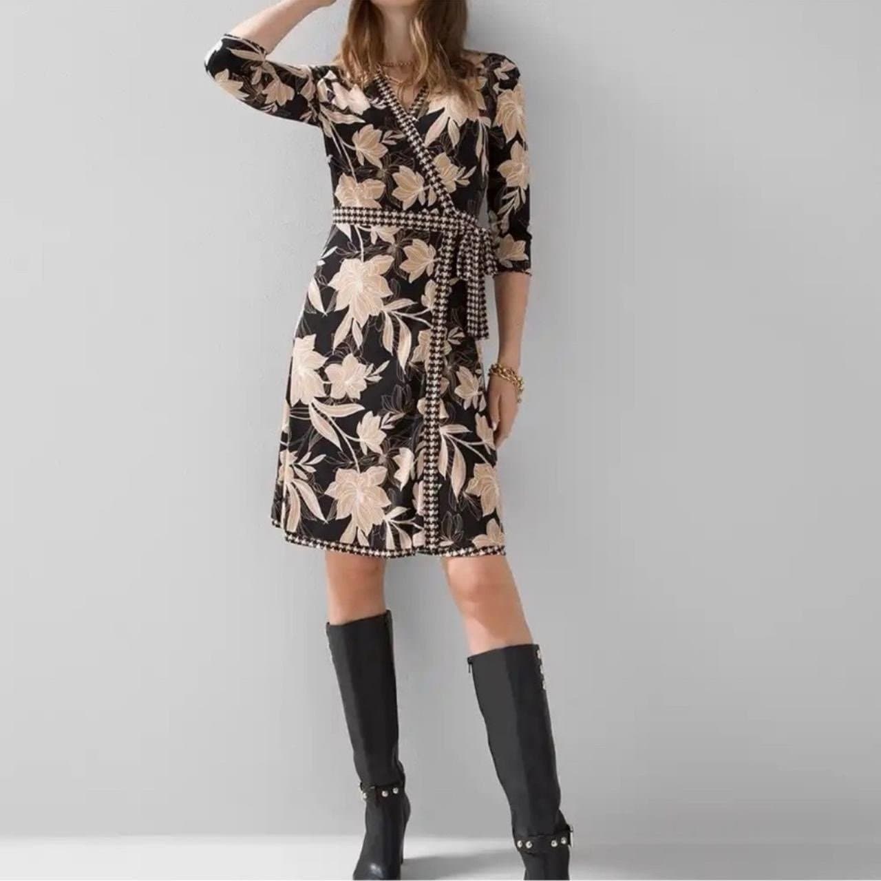 WHITE HOUSE BLACK MARKET Reversible Brown/Cream Floral & Houndstooth Wrap Dress - Image 1