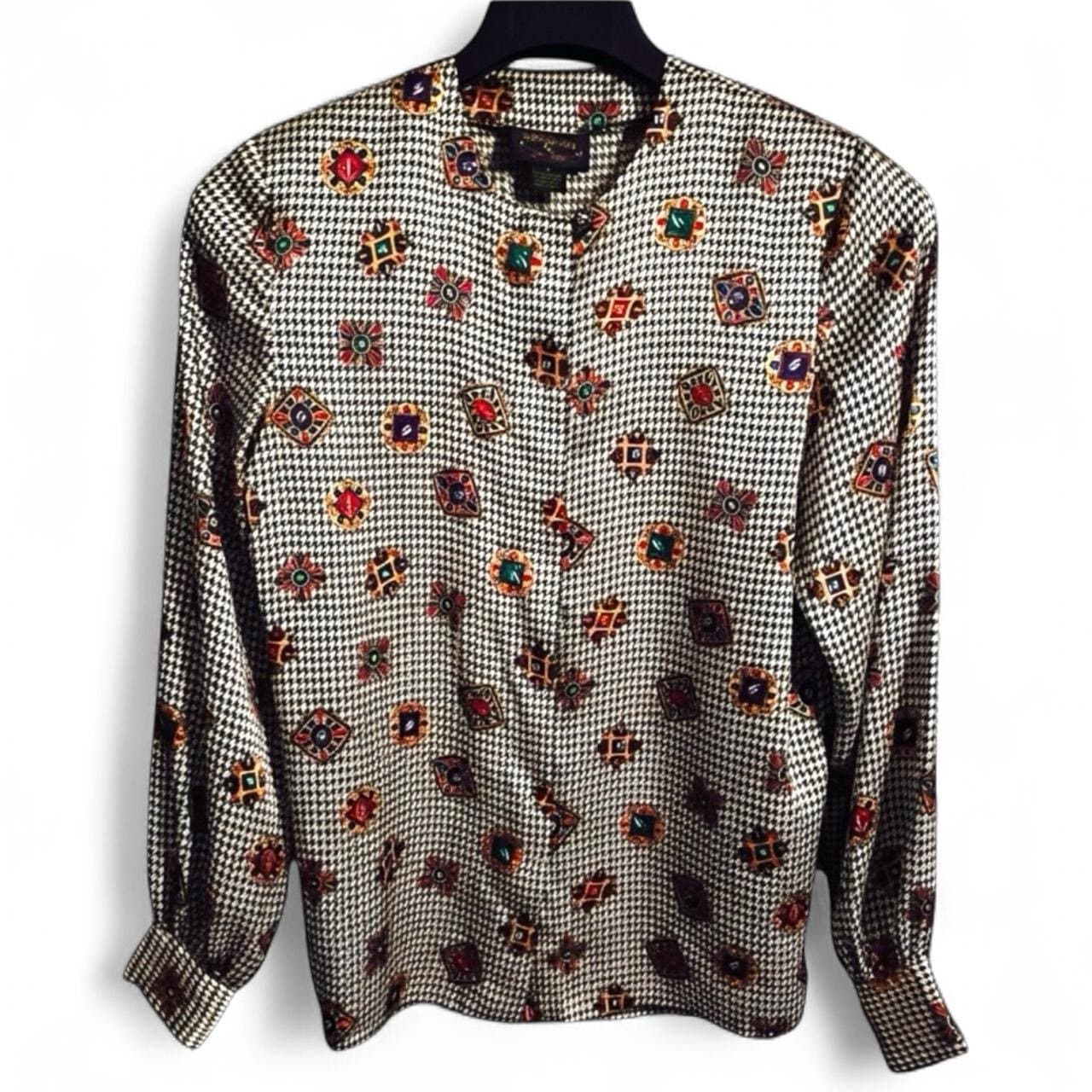 CHARTER CLUB Late 80’s Jane Justin Houndstooth Blouse w/Jewel Medallions Sz 4 - Thumbnail 2