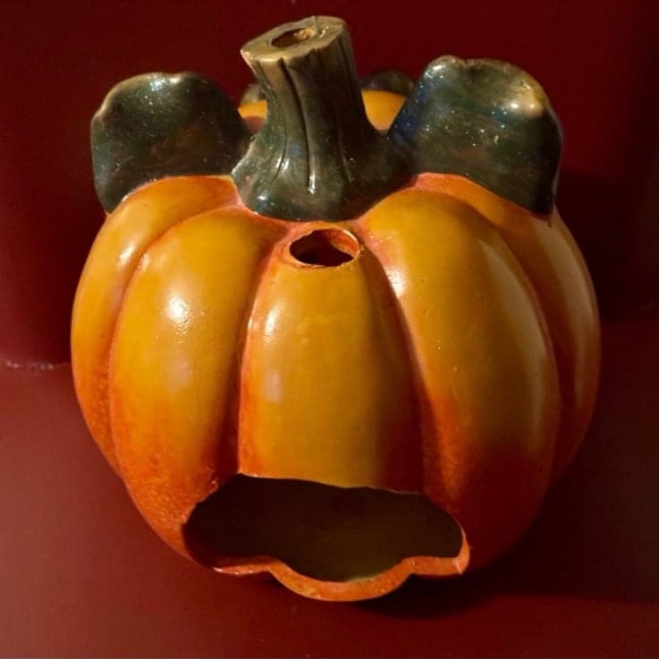 80’s Handmade Large Ceramic/Glass Happy Pumpkin & Ghost Tea Light Holder - Thumbnail 4