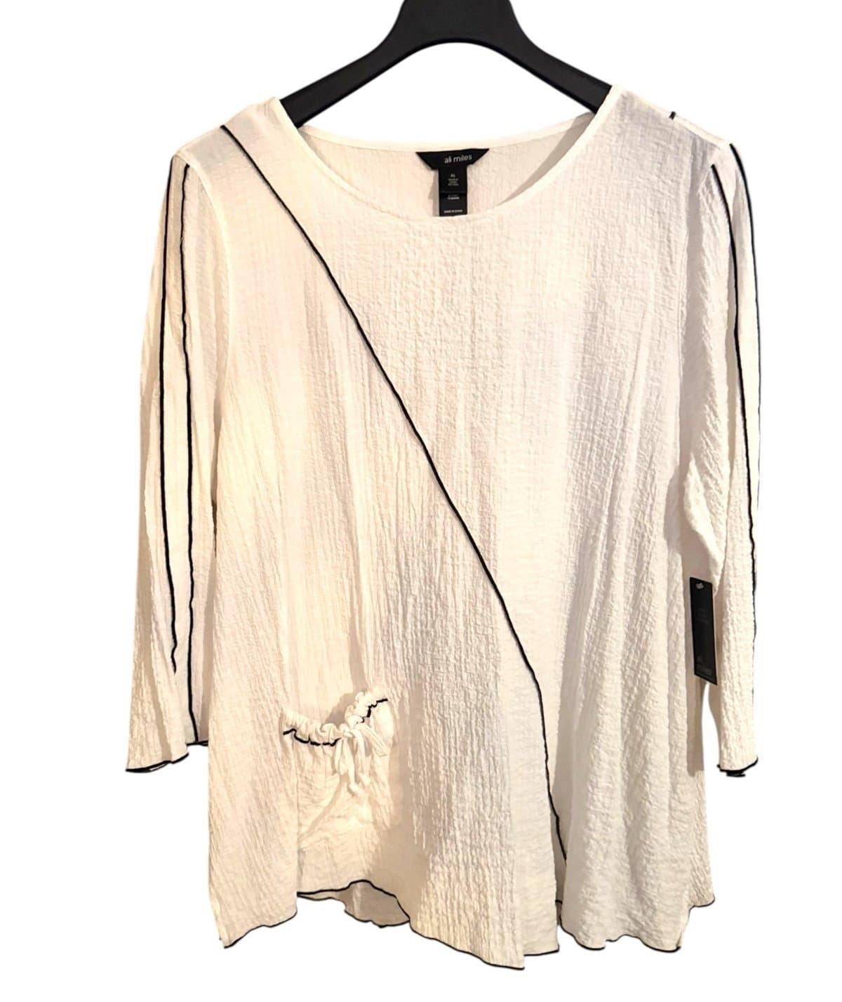 ALI MILES Art to Wear White Crinkled 3/4 Sleeve Tunic w/Black Piping Sz XL NWT - Image 1