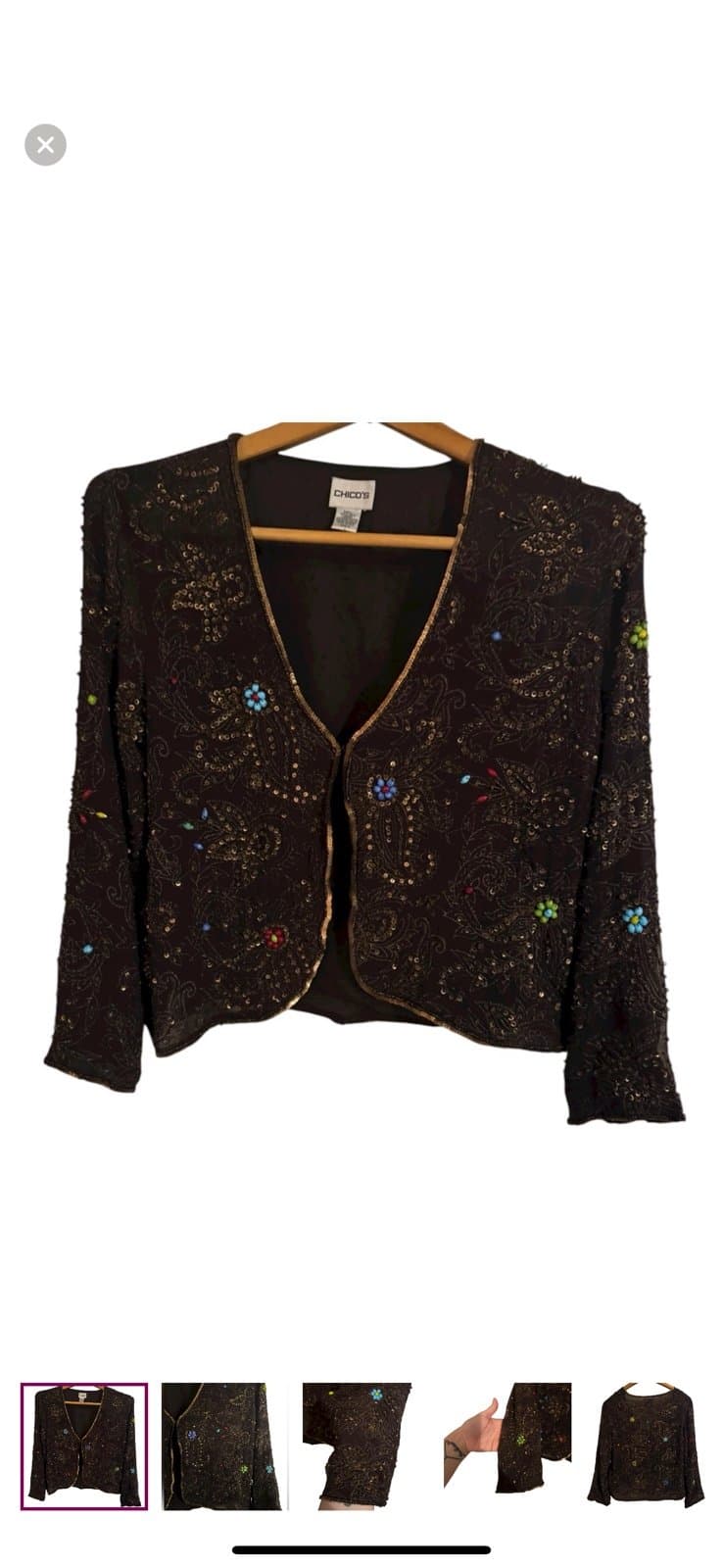 CHICO’S Y2K Vintage Black Silk Beaded & Sequined Paisley Cardigan Topper Sz S