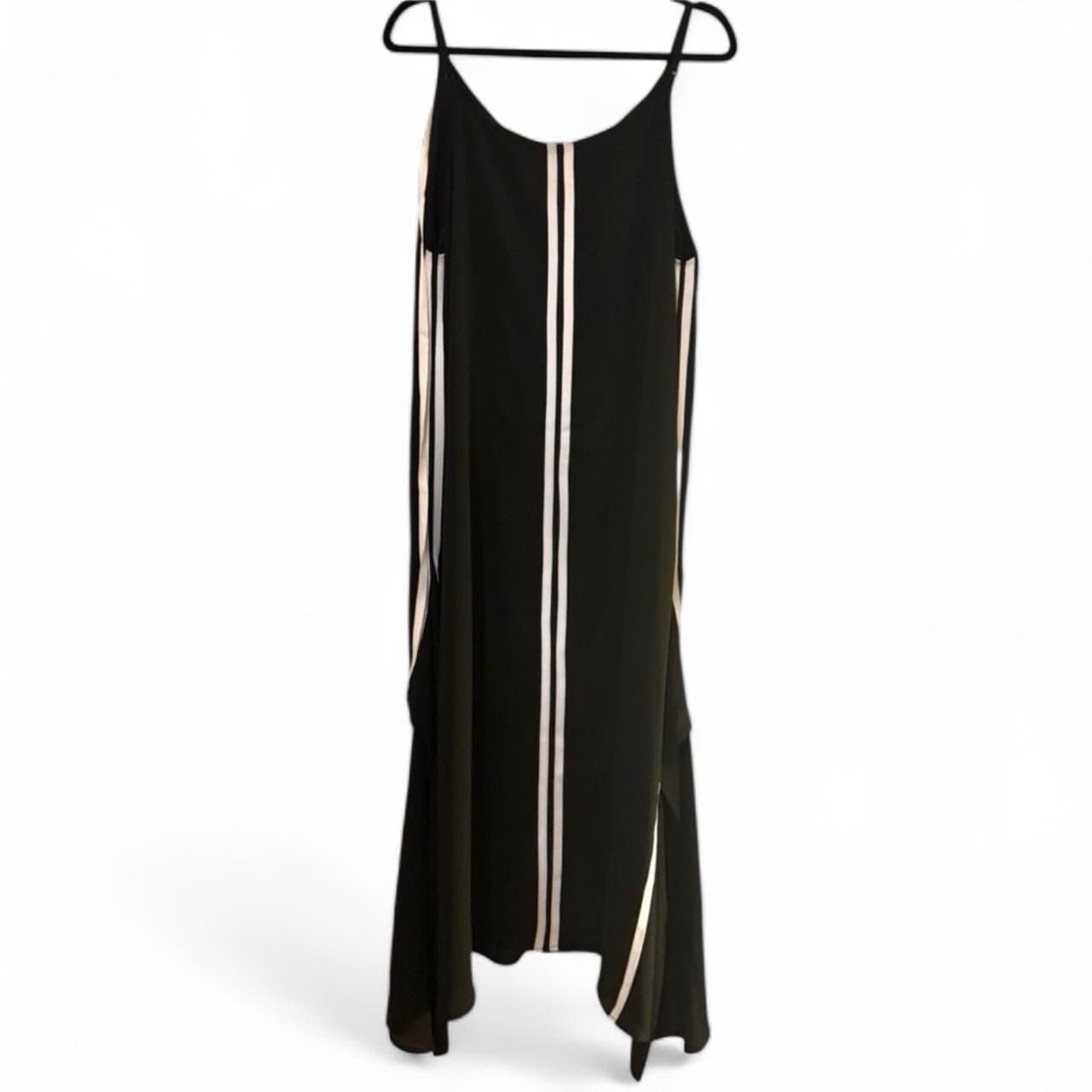 ELISE BLOOM Black & White Double Stripe Asymmetric Pleated Sides Maxi Dress Sz M - Thumbnail 5