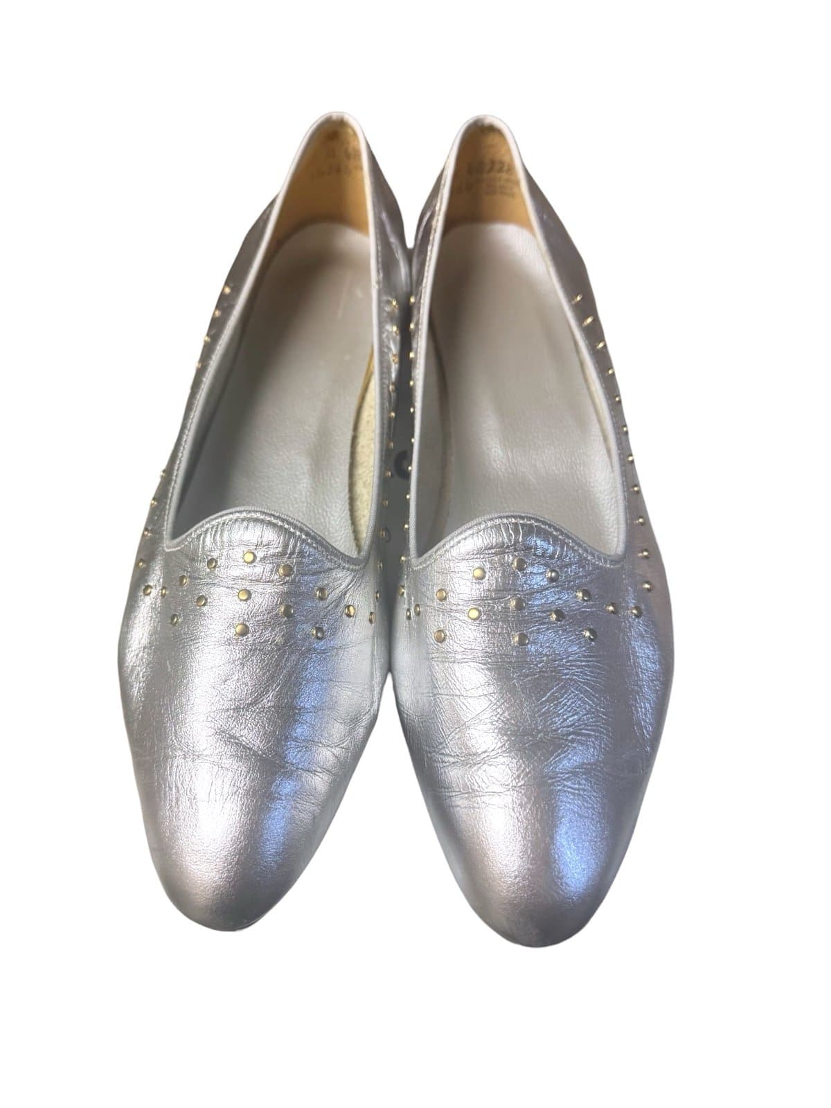 SELBY Late 80’s Metallic Silver Leather Loafers Flats w/Gold Studs Sz 10 - Thumbnail 2