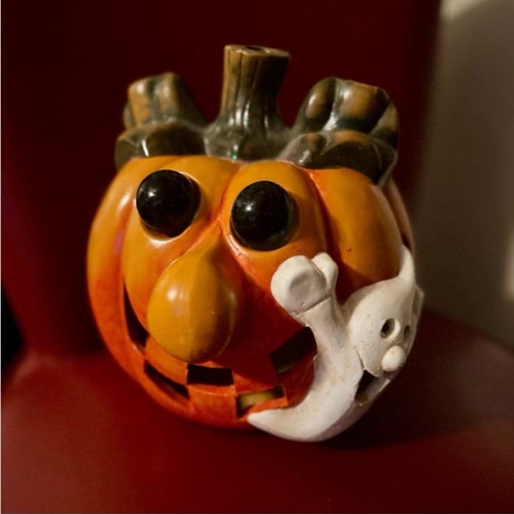 80’s Handmade Large Ceramic/Glass Happy Pumpkin & Ghost Tea Light Holder - Image 1