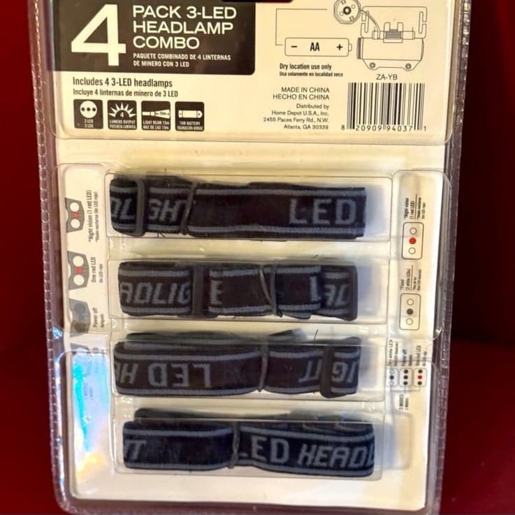 HOME DEPOT Deadstock 4 Pack 3-LED Headlamp Combo AA Battery Powered Included NWT - Thumbnail 3