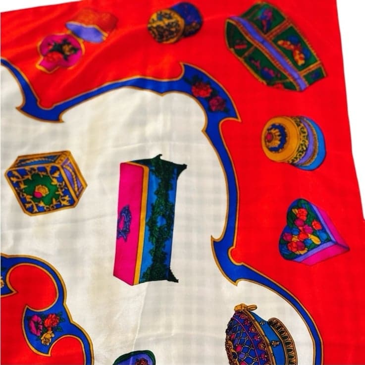 LIZ CLAIBORNE 80s Silk Vibrant Red Multicolored Carriage & Trinket Box Scarf 31” - Thumbnail 4