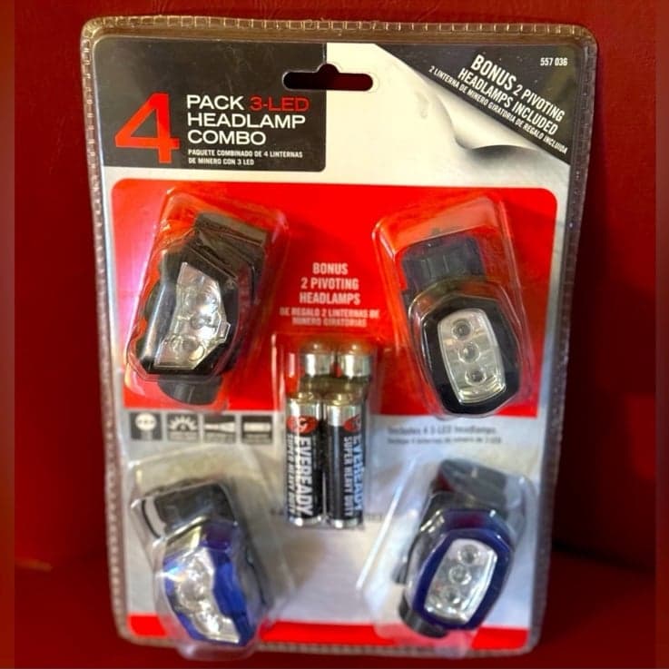 HOME DEPOT Deadstock 4 Pack 3-LED Headlamp Combo AA Battery Powered Included NWT - Image 1