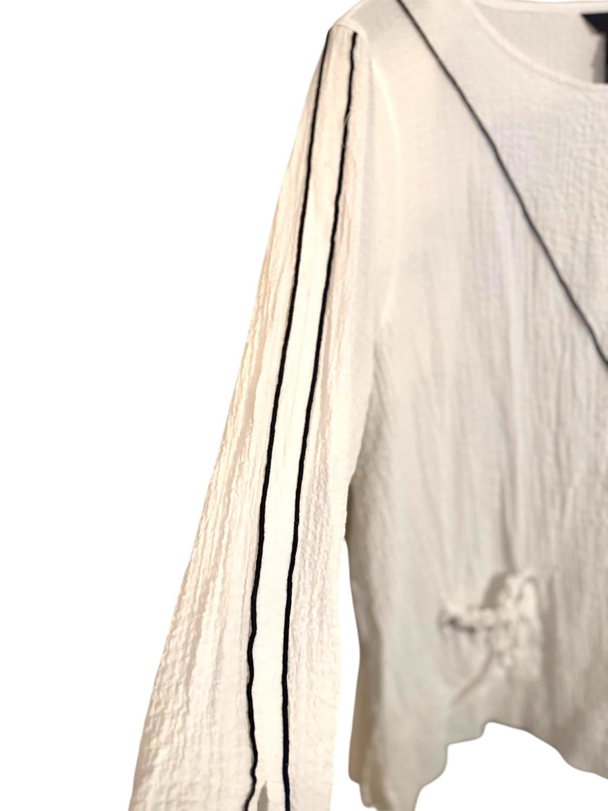 ALI MILES Art to Wear White Crinkled 3/4 Sleeve Tunic w/Black Piping Sz XL NWT - Thumbnail 2