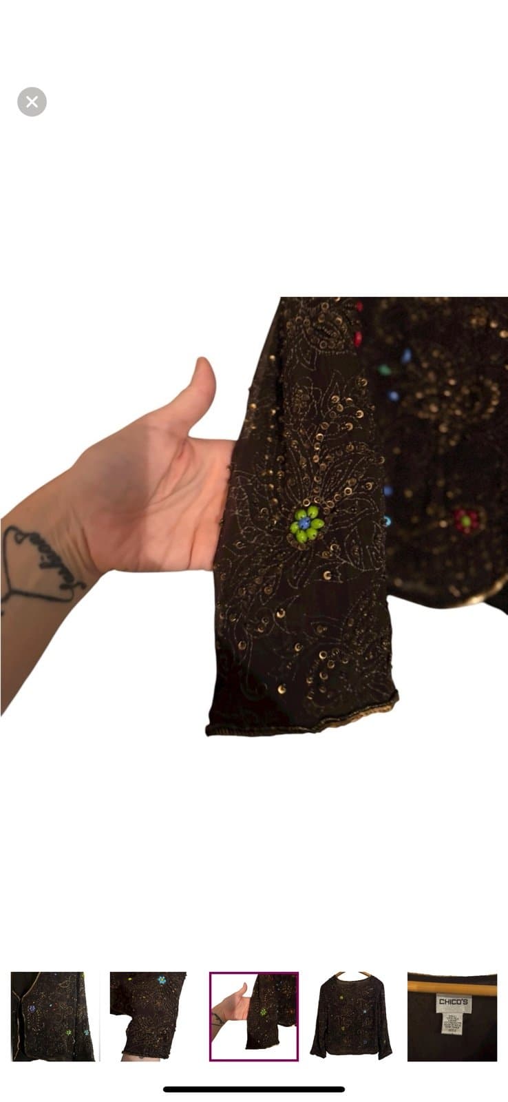 CHICO’S Y2K Vintage Black Silk Beaded & Sequined Paisley Cardigan Topper Sz S - Thumbnail 4