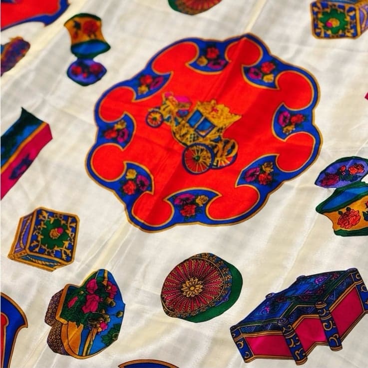 LIZ CLAIBORNE 80s Silk Vibrant Red Multicolored Carriage & Trinket Box Scarf 31” - Thumbnail 3