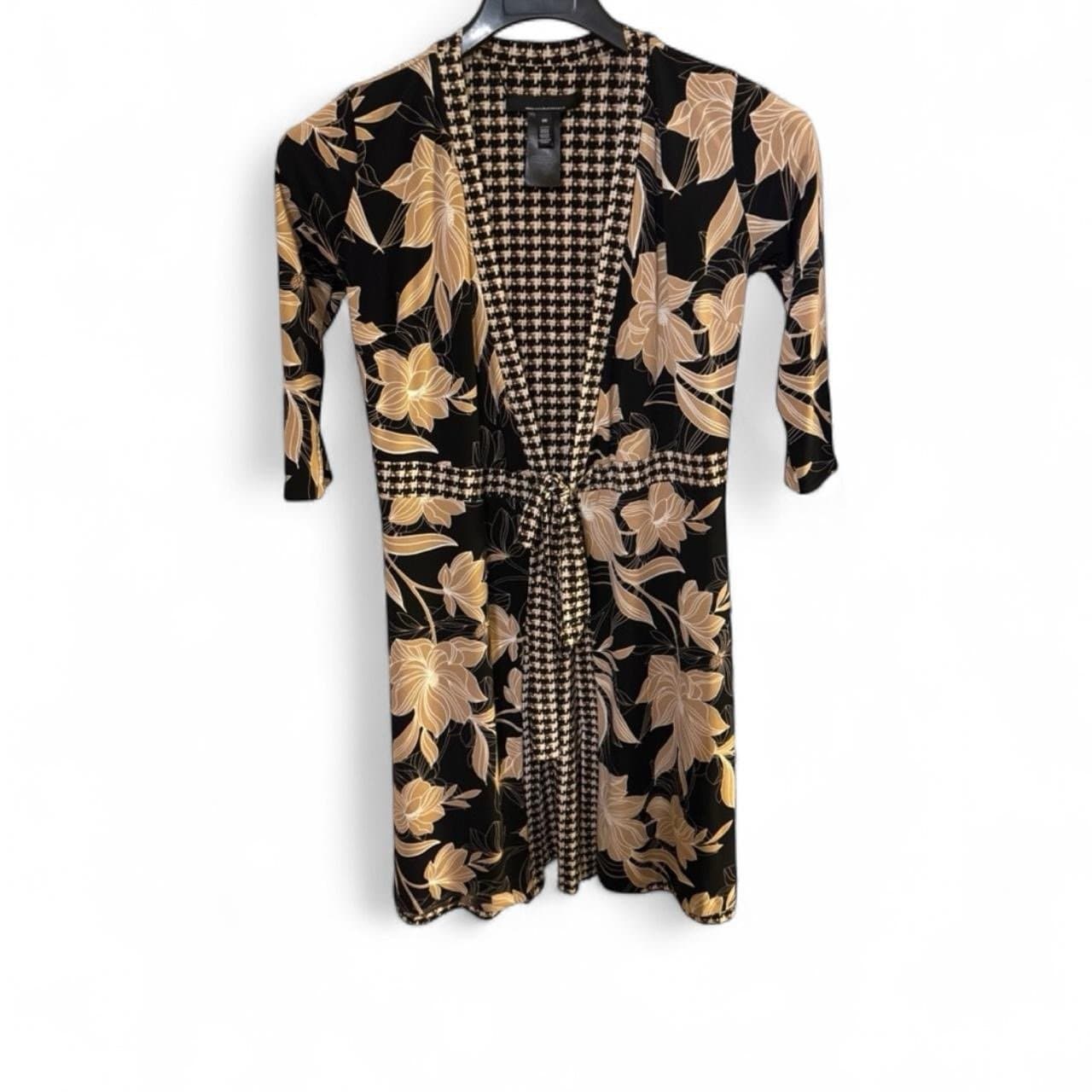 WHITE HOUSE BLACK MARKET Reversible Brown/Cream Floral & Houndstooth Wrap Dress - Thumbnail 2