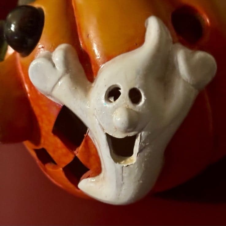 80’s Handmade Large Ceramic/Glass Happy Pumpkin & Ghost Tea Light Holder - Thumbnail 3