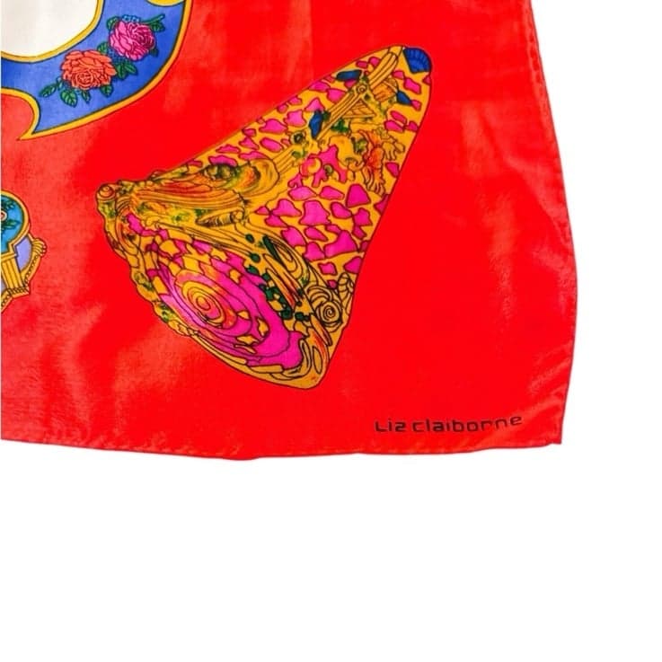LIZ CLAIBORNE 80s Silk Vibrant Red Multicolored Carriage & Trinket Box Scarf 31” - Thumbnail 2