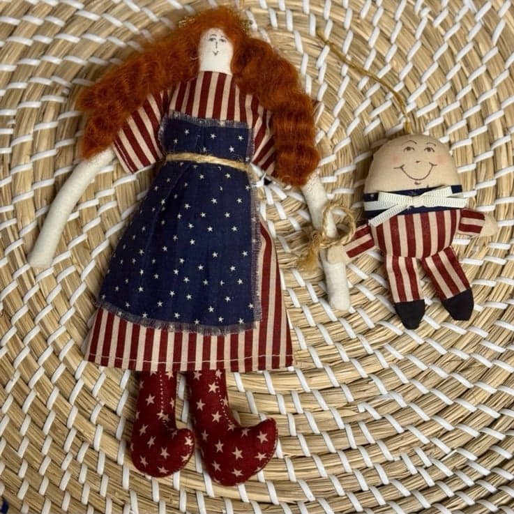 2 Virginia Killmore Primitive Raggedy Ann & Humpty Dumpty Christmas Ornaments