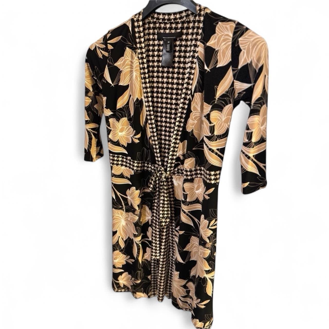 WHITE HOUSE BLACK MARKET Reversible Brown/Cream Floral & Houndstooth Wrap Dress - Thumbnail 3