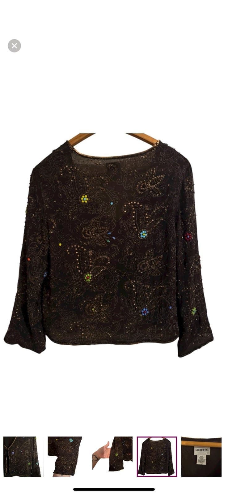 CHICO’S Y2K Vintage Black Silk Beaded & Sequined Paisley Cardigan Topper Sz S - Thumbnail 5