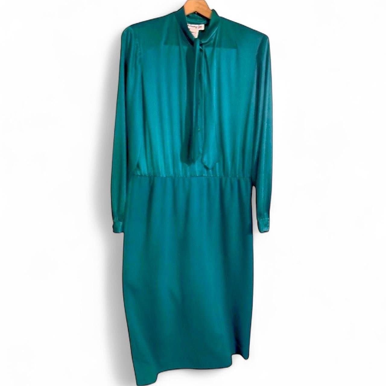 HENRY LEE 70’s Emerald Green Mixed Media Satin Wool P* Bow LS Midi Dress Sz 16 - Thumbnail 2