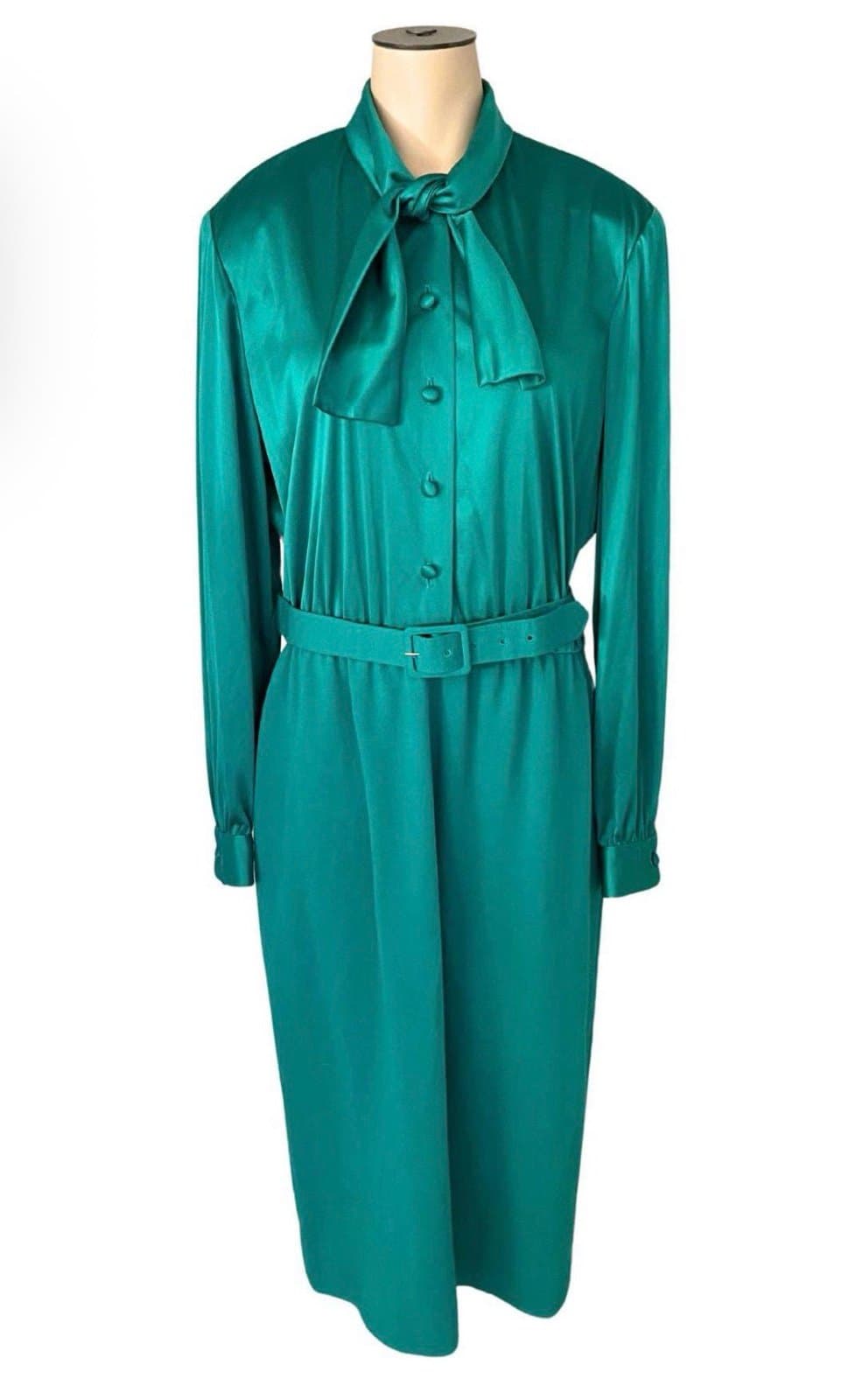 HENRY LEE 70’s Emerald Green Mixed Media Satin Wool P* Bow LS Midi Dress Sz 16