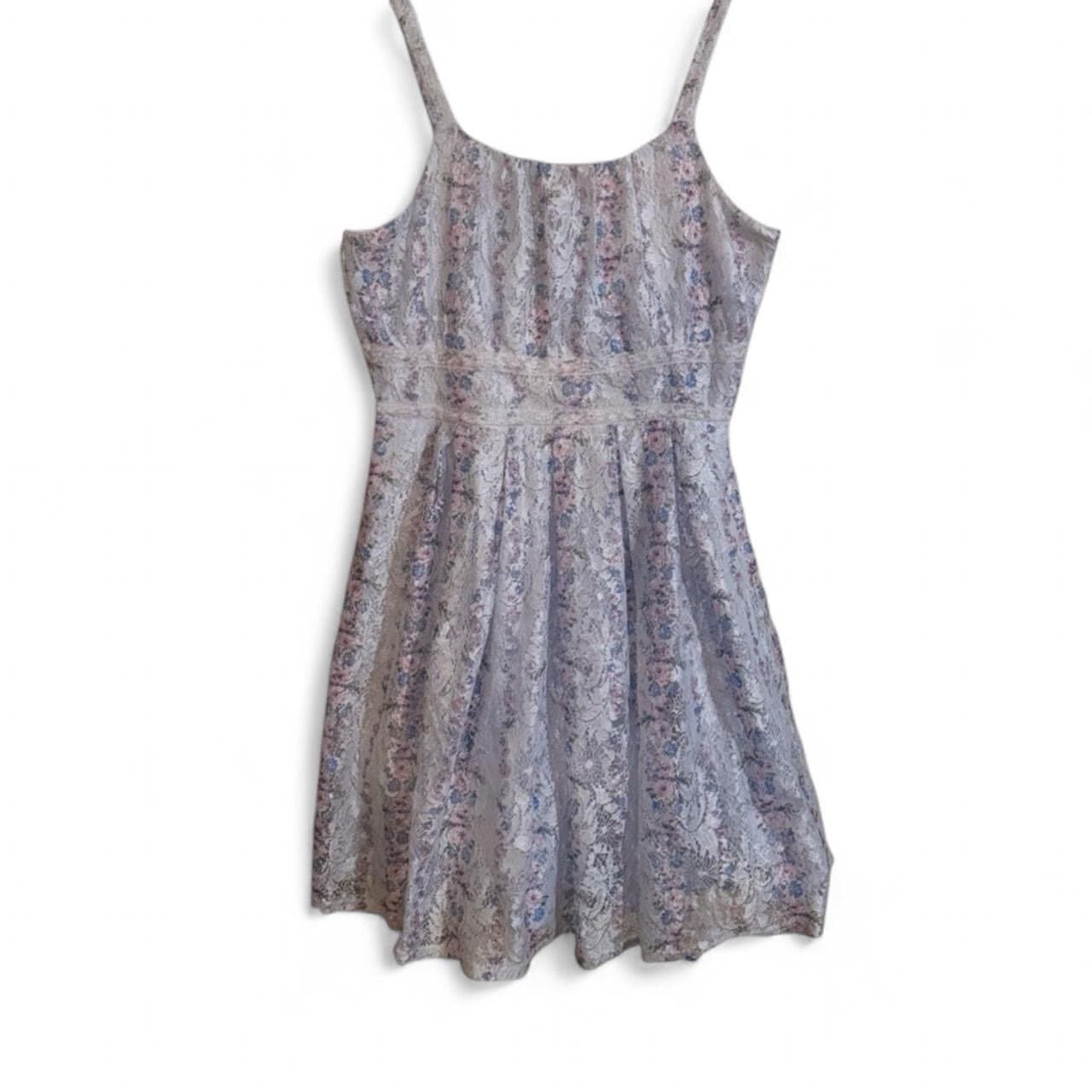 KNITWORKS Baby Blue & Pink Floral Sleeveless Shirred Lace Trim Mini Dress XL - Image 1