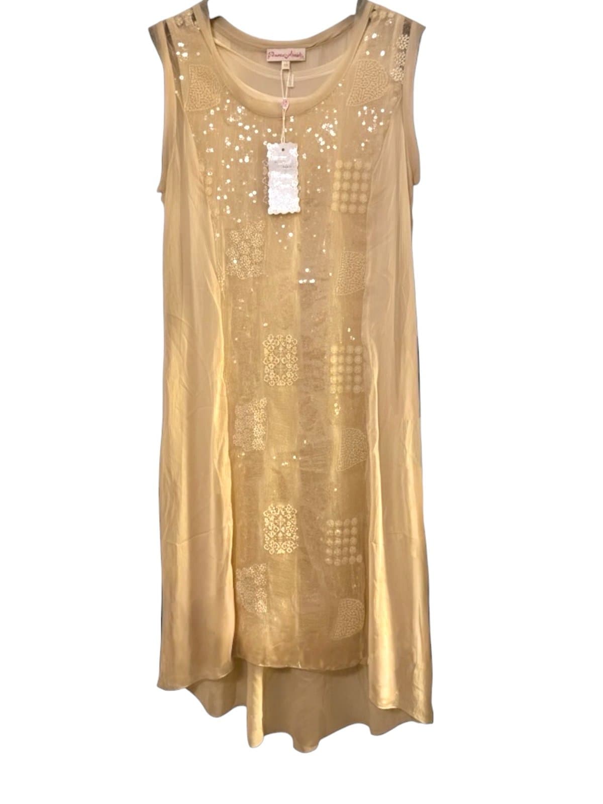 PRETTY ANGEL Sleeveless Silk Whimsy Sequins Lace Sheer Lined Midi Dress Sz L NWT - Thumbnail 2
