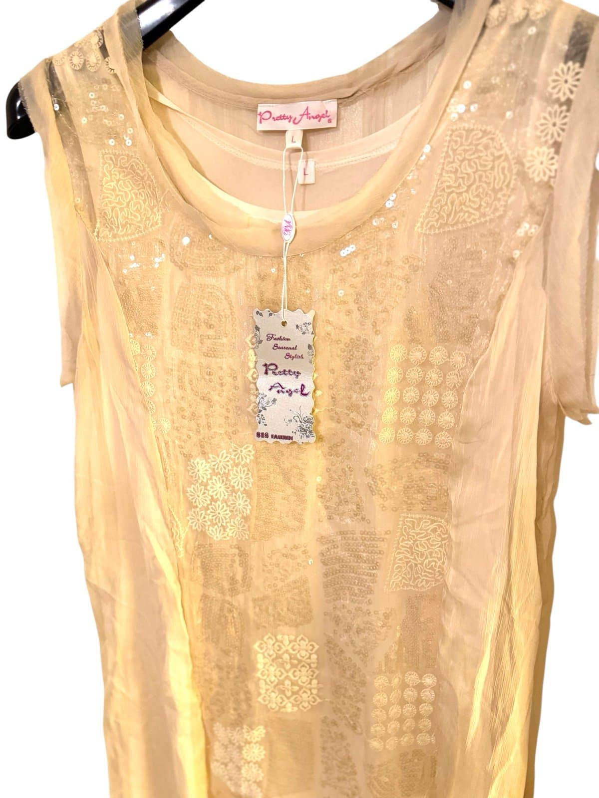 PRETTY ANGEL Sleeveless Silk Whimsy Sequins Lace Sheer Lined Midi Dress Sz L NWT - Image 1