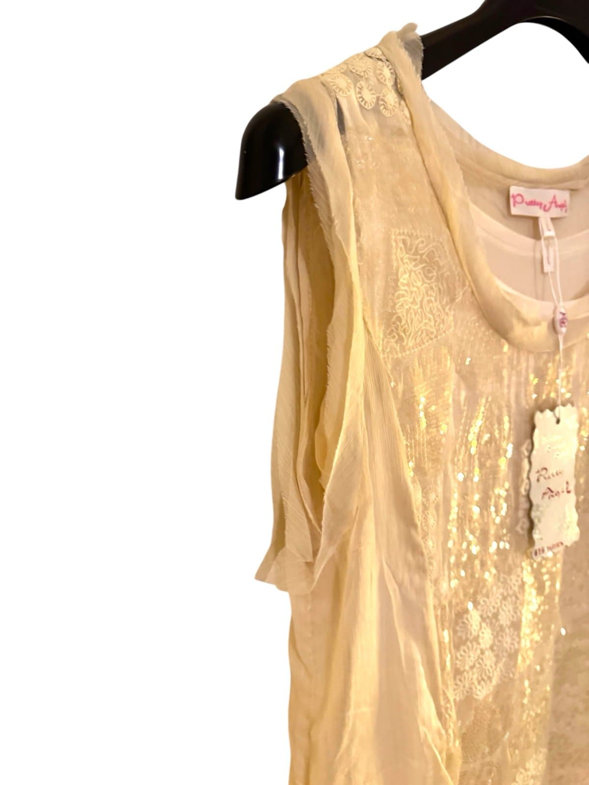 PRETTY ANGEL Sleeveless Silk Whimsy Sequins Lace Sheer Lined Midi Dress Sz L NWT - Thumbnail 3