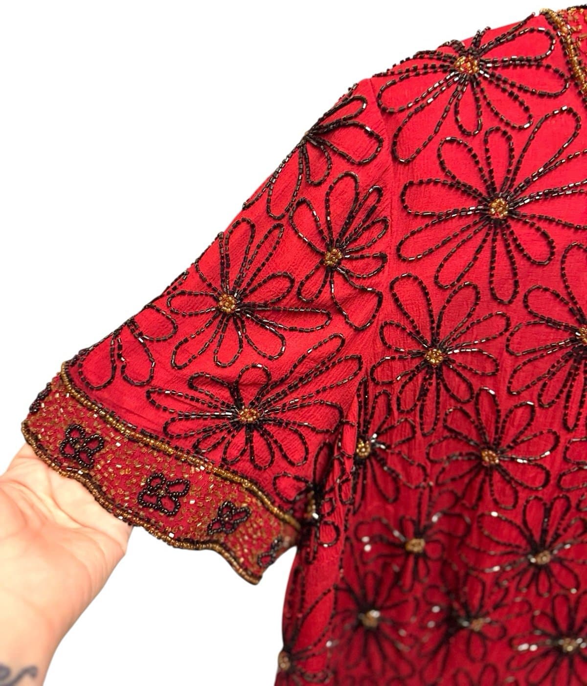 PAPELL Boutique Evening 90’s Red Silk Heavily Beaded & Sequins Floral Blouse 1X - Thumbnail 2