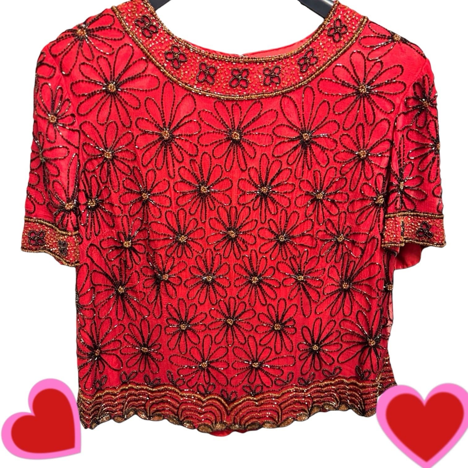 PAPELL Boutique Evening 90’s Red Silk Heavily Beaded & Sequins Floral Blouse 1X - Image 1