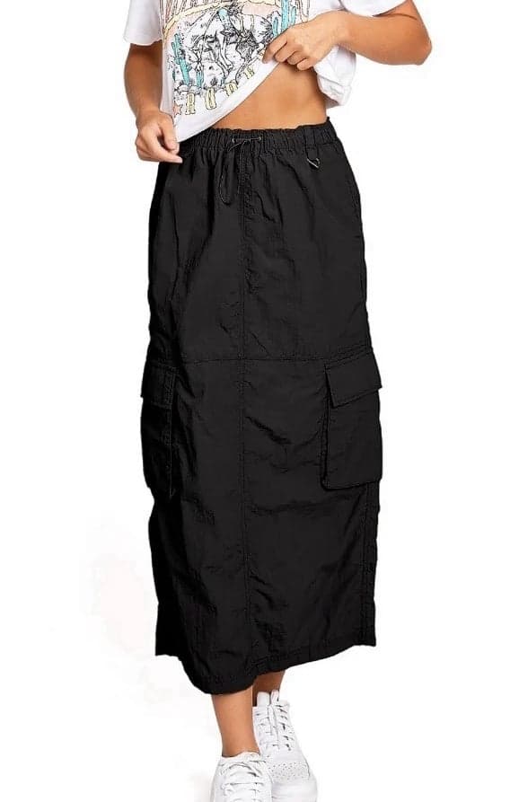 Love Tree Black Parachute Light Cargo Skater Maxi Nylon Skirt w/Drawstrings Sz M - Thumbnail 2