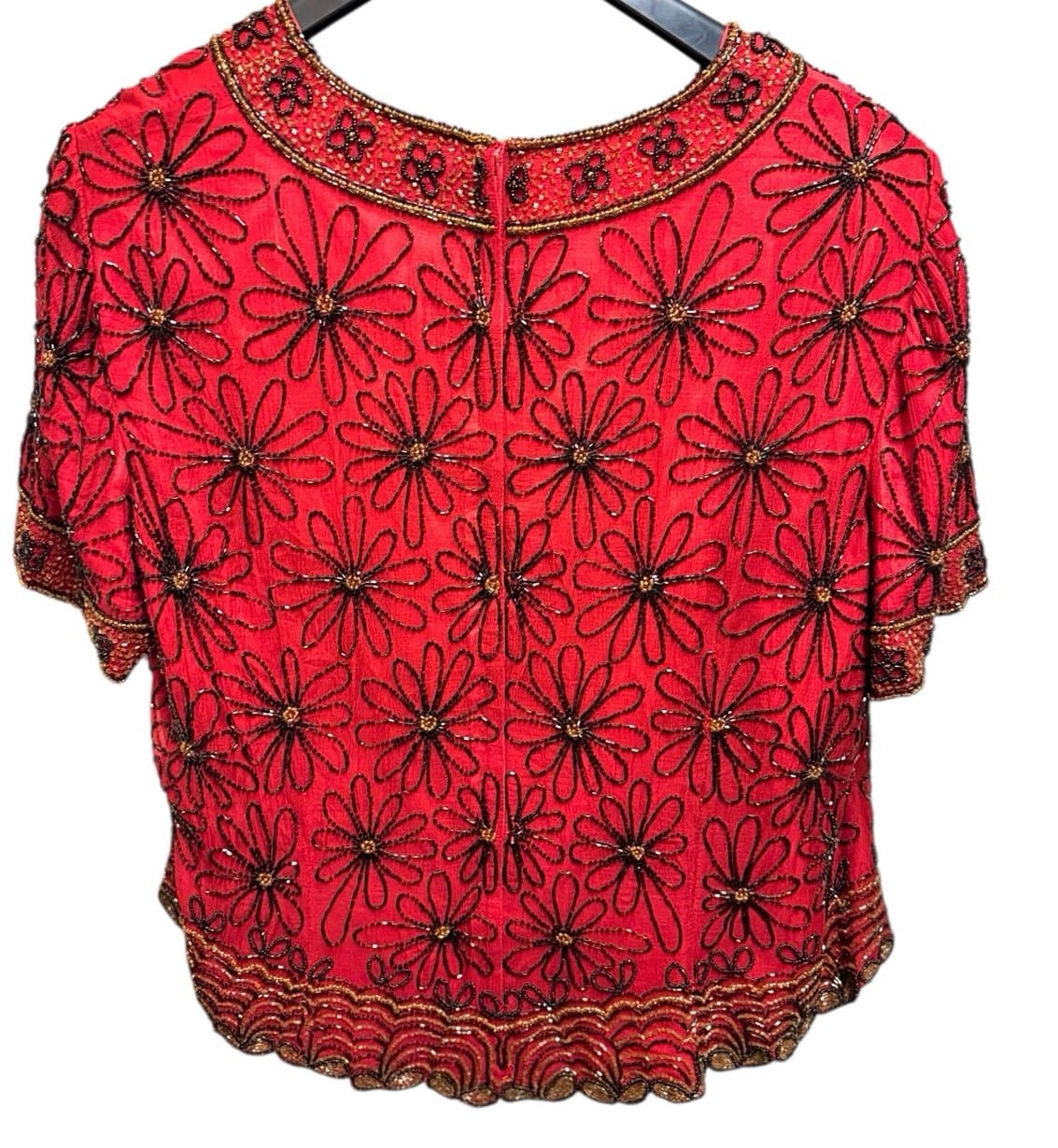 PAPELL Boutique Evening 90’s Red Silk Heavily Beaded & Sequins Floral Blouse 1X - Thumbnail 4