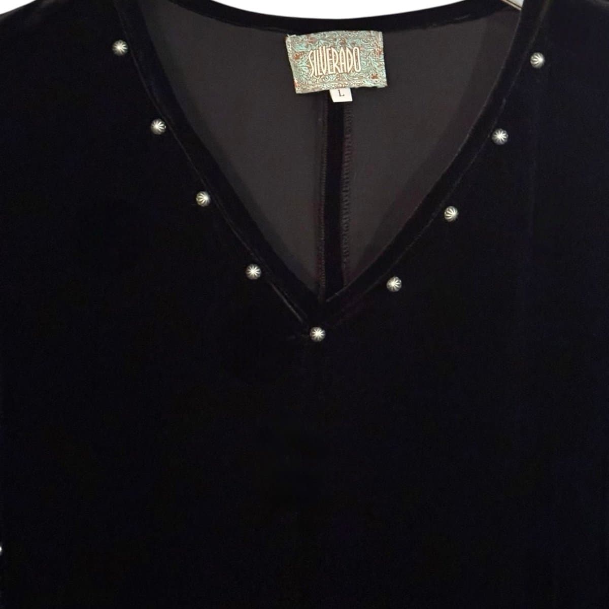 SILVERADO Dreamer Onyx Black Velvet Concho Trim Large Lace Bell Sleeve Sz L $200 - Thumbnail 4