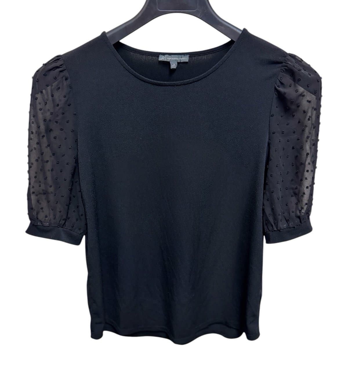 Adrianna Papell Black Mesh Short Sleeve Clip Dot Blouse Sz M $70 - Thumbnail 2