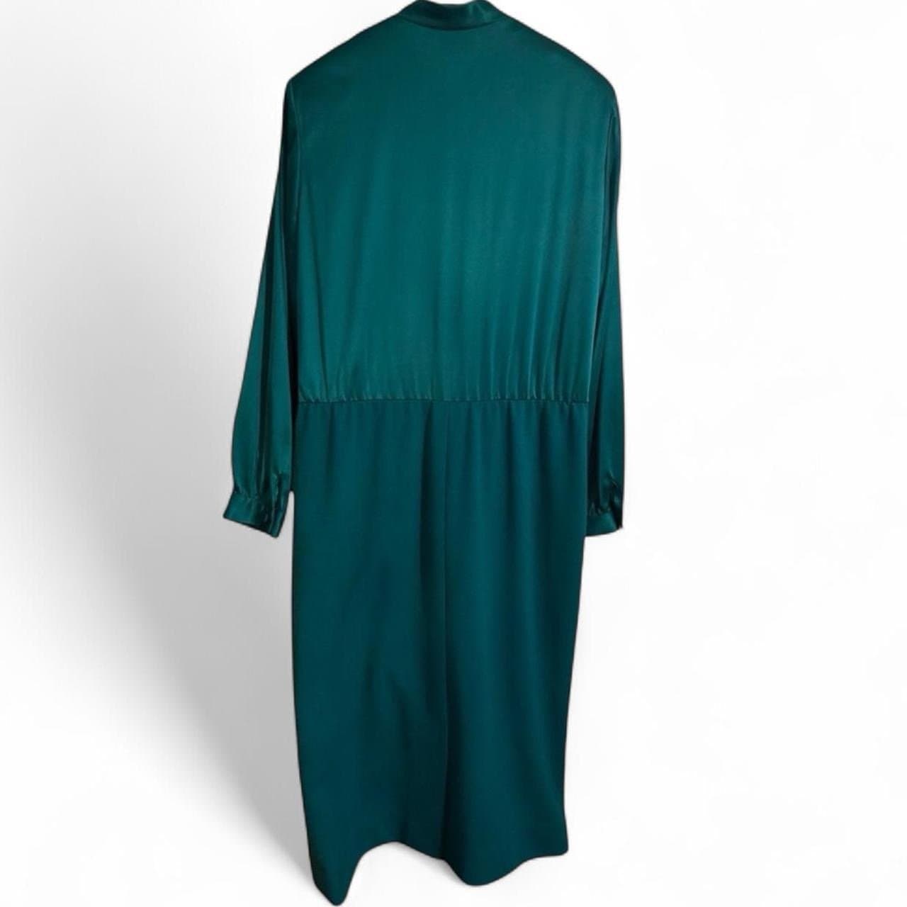 HENRY LEE 70’s Emerald Green Mixed Media Satin Wool P* Bow LS Midi Dress Sz 16 - Thumbnail 4